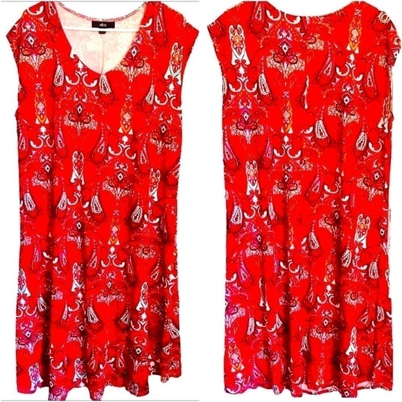 ellos Dresses & Skirts - ELLOS Red Paisly Shift Dress Capped Sleeves Scoop Neck 100 Viscose Knee Length M